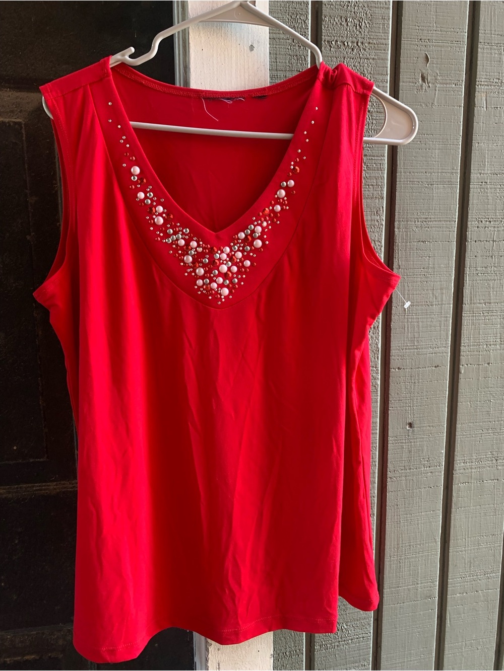Karen Scott Red Sleeveless V-Neck Tank with Pearl & Rhinestone Accents
